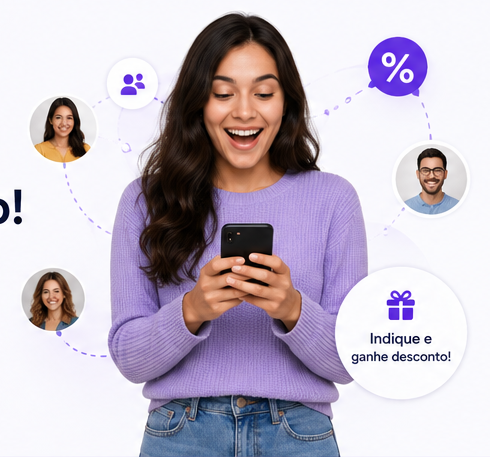 Aluna usando celular e ilustrações de indicação